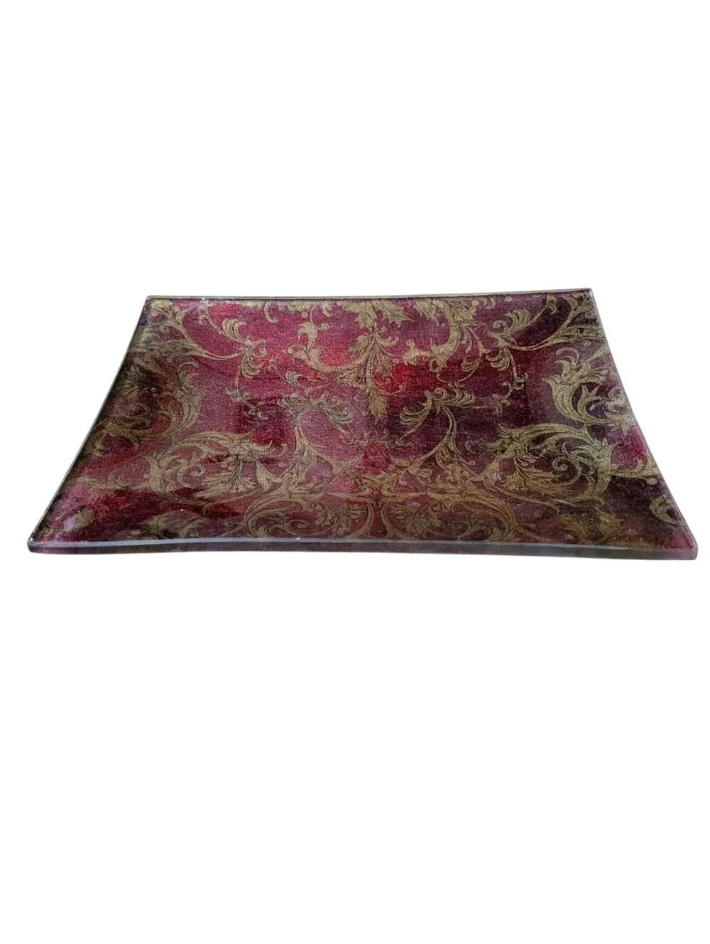 Vintage Ornate Florentine Scroll Gold & Burgundy Trinket Dish Catch All Jewelry